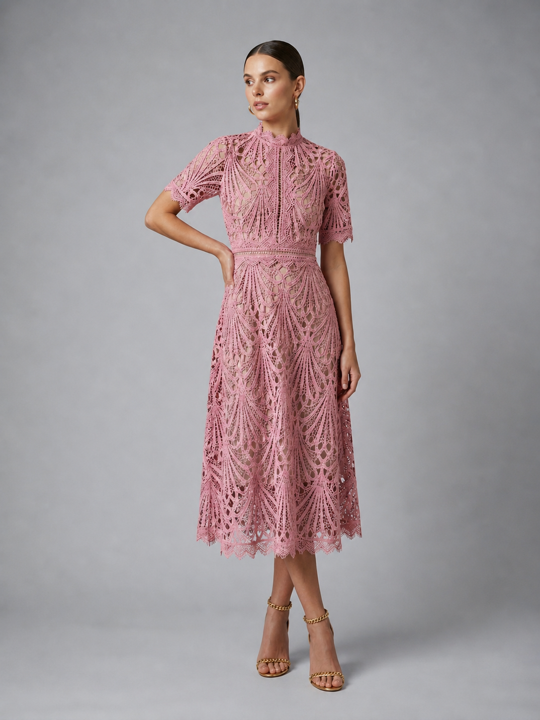 Women's Lace Midi Dress with High Neck