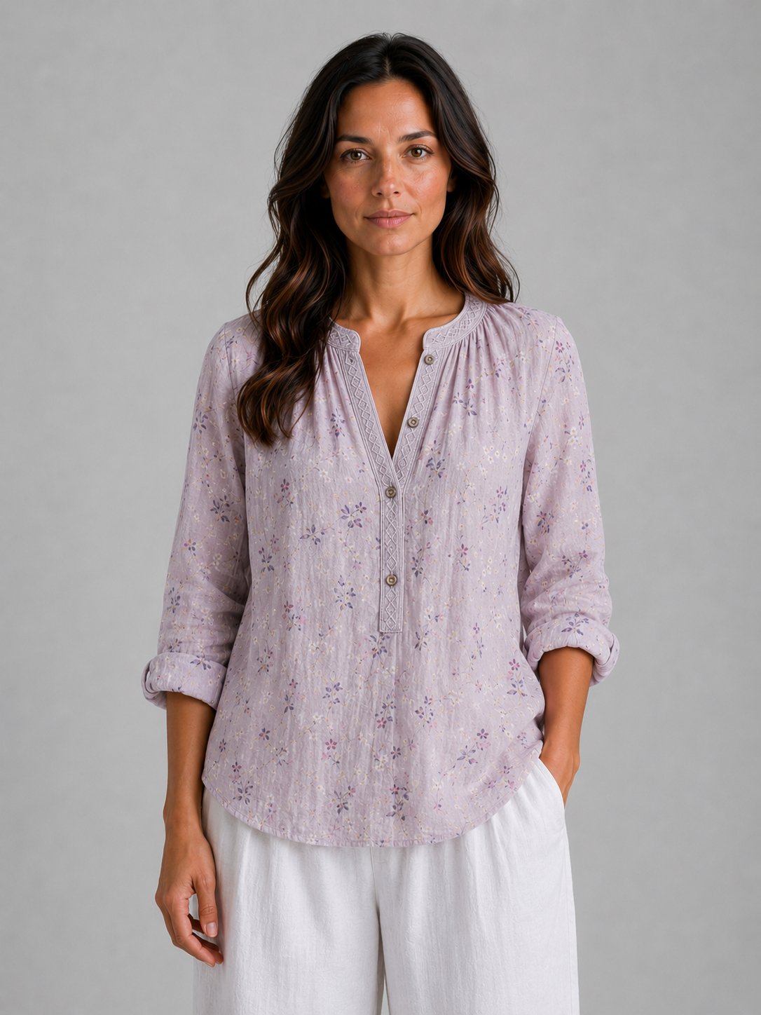 Women's Bohemian V-Neck Blouse with Embroidered Detail