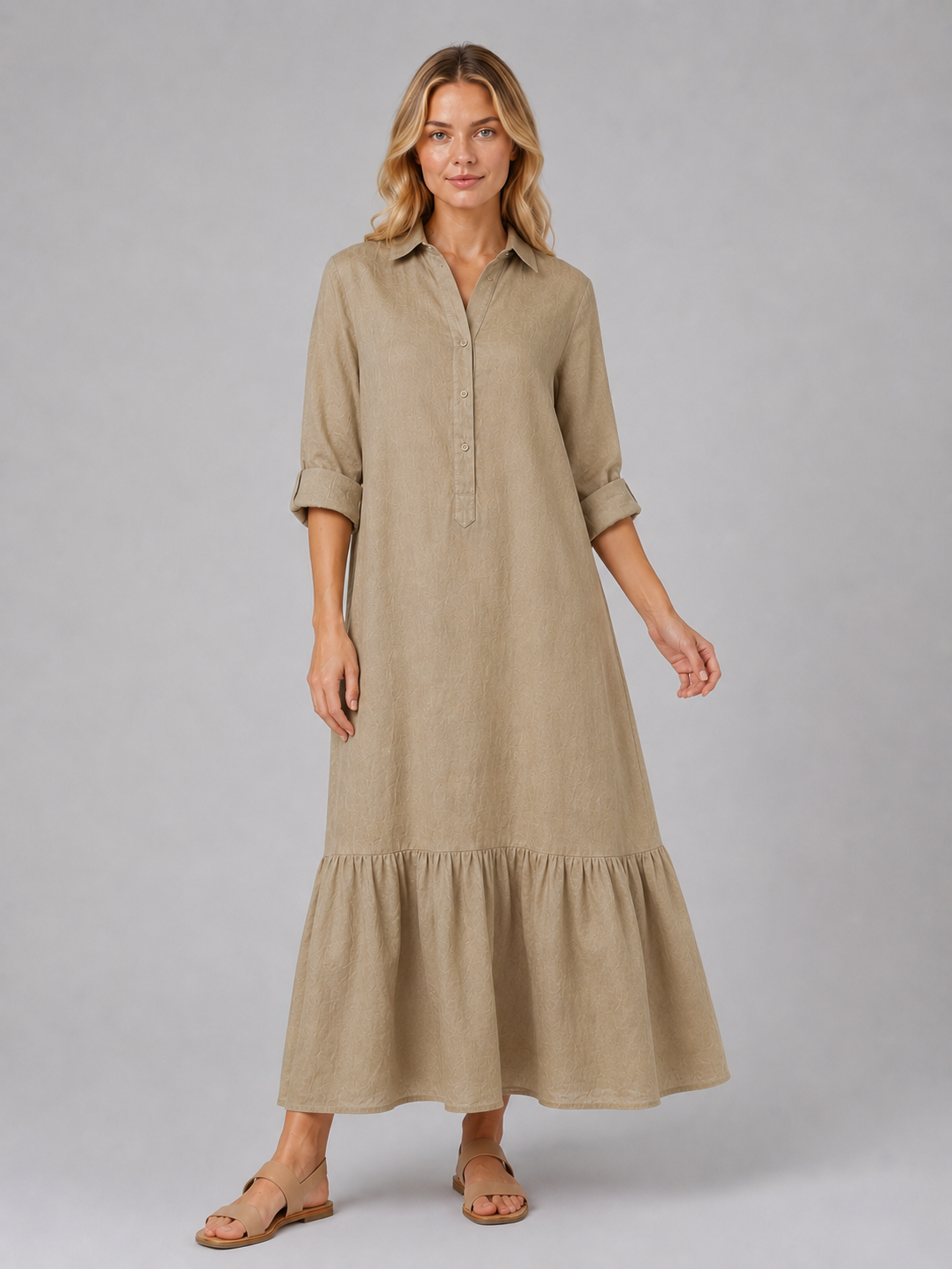 Women's Cotton Blend Tiered Maxi Shirt Dress