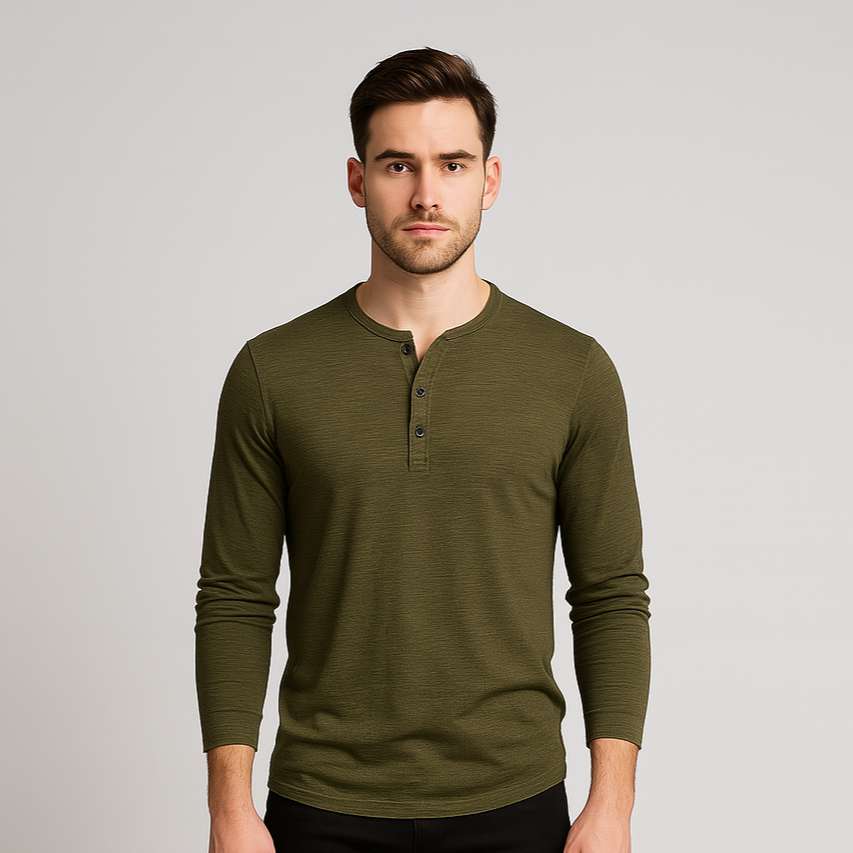 Cotton Henley Shirt Long Sleeve Regular Fit for Men