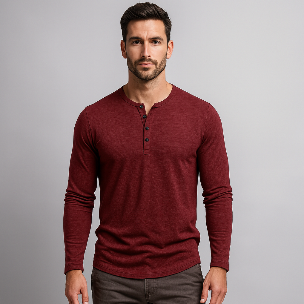 Cotton Henley Shirt Long Sleeve Regular Fit for Men