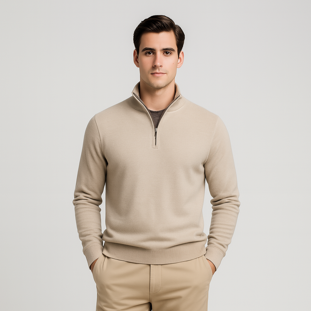 Cotton Blend Half-Zip Sweater Ribbed Collar for Men
