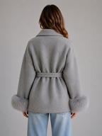 Women's Belted Wool Wrap Coat with Faux Fur Cuffs