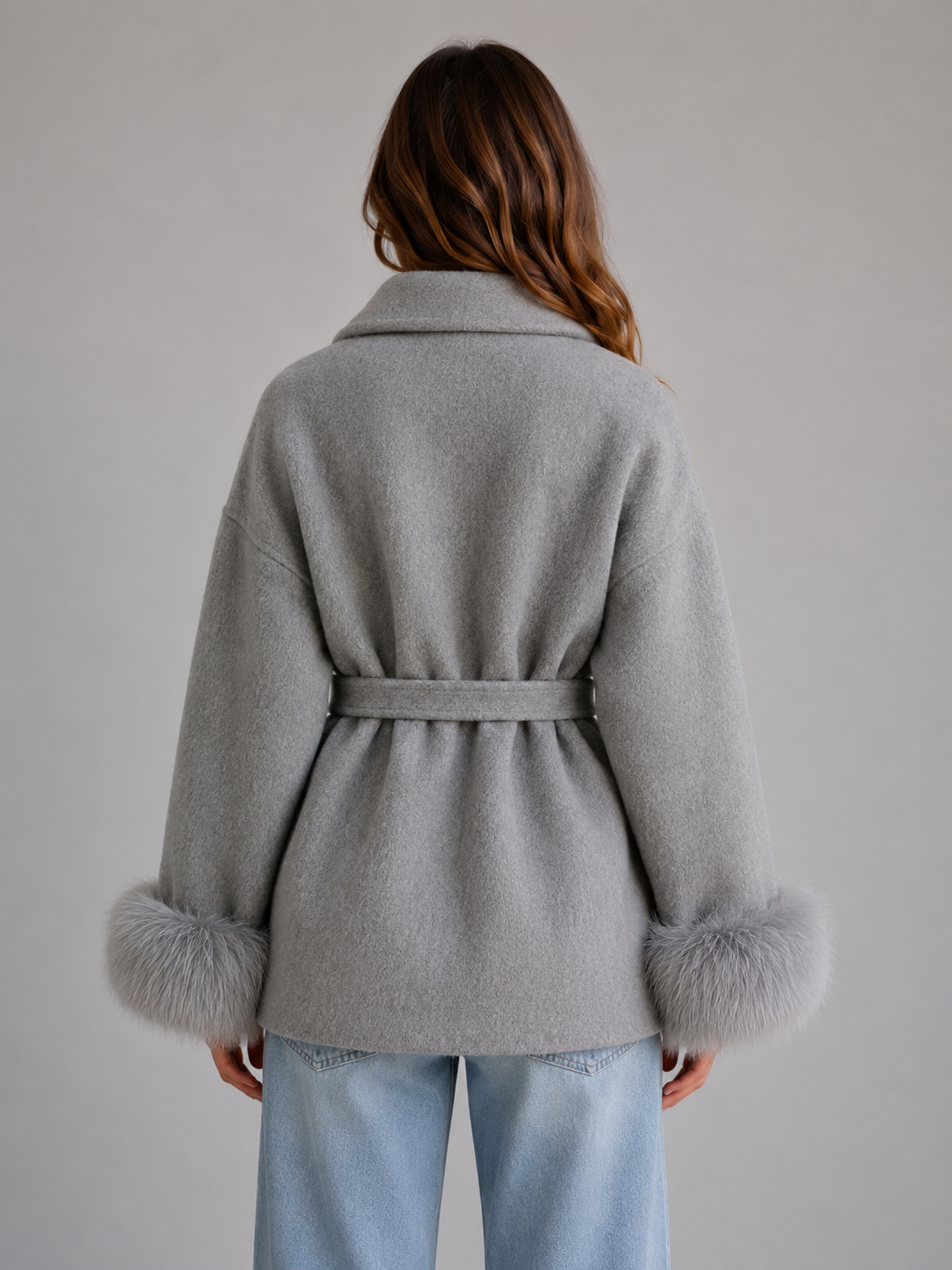 Women's Belted Wool Wrap Coat with Faux Fur Cuffs