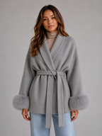 Women's Belted Wool Wrap Coat with Faux Fur Cuffs