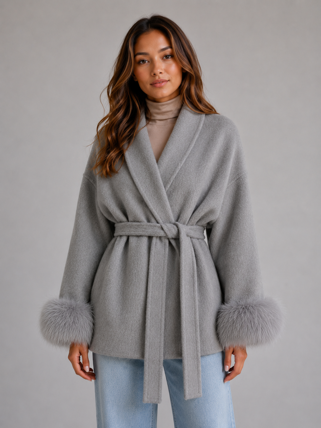 Women's Belted Wool Wrap Coat with Faux Fur Cuffs