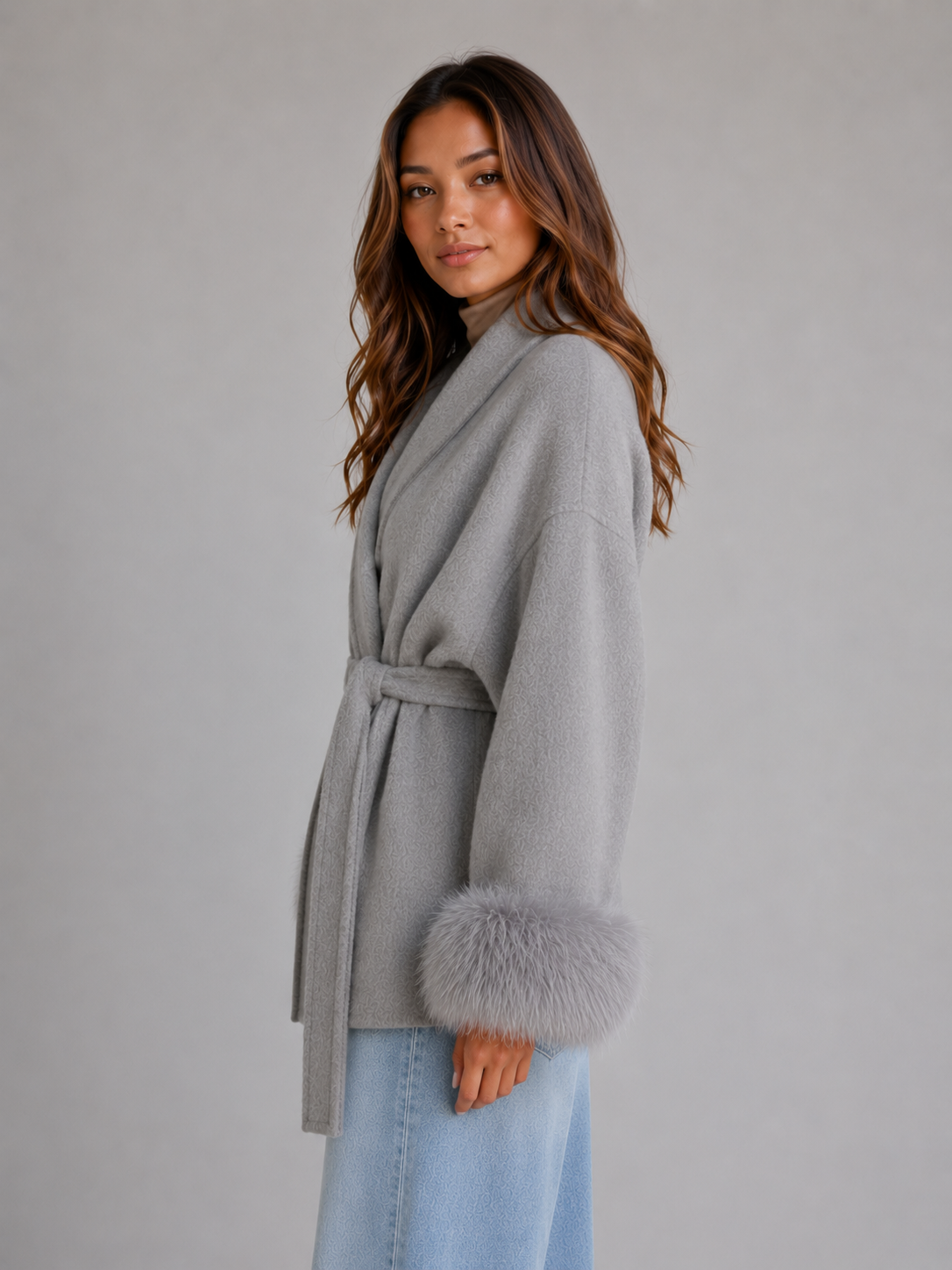Women's Belted Wool Wrap Coat with Faux Fur Cuffs