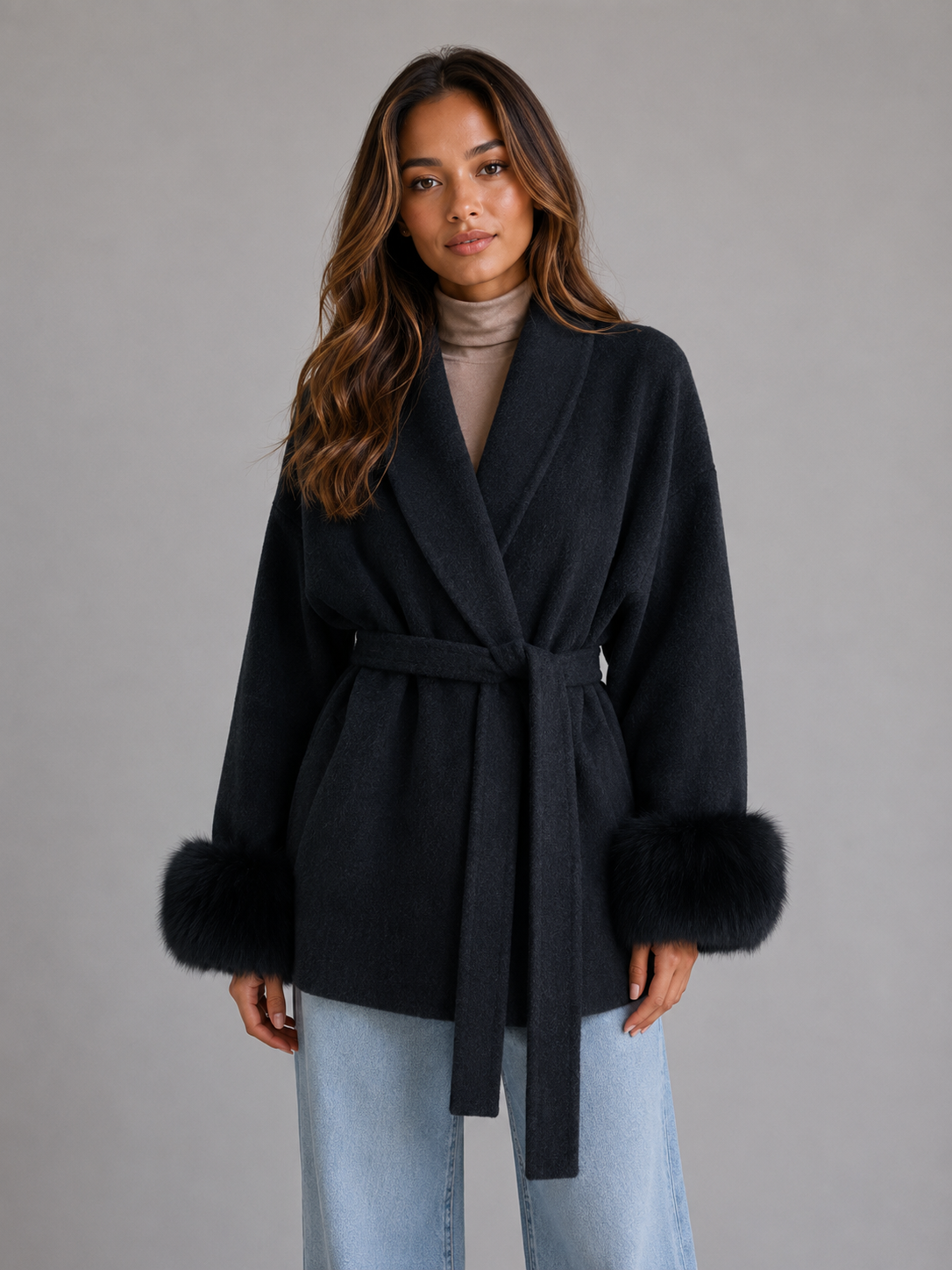 Women's Belted Wool Wrap Coat with Faux Fur Cuffs