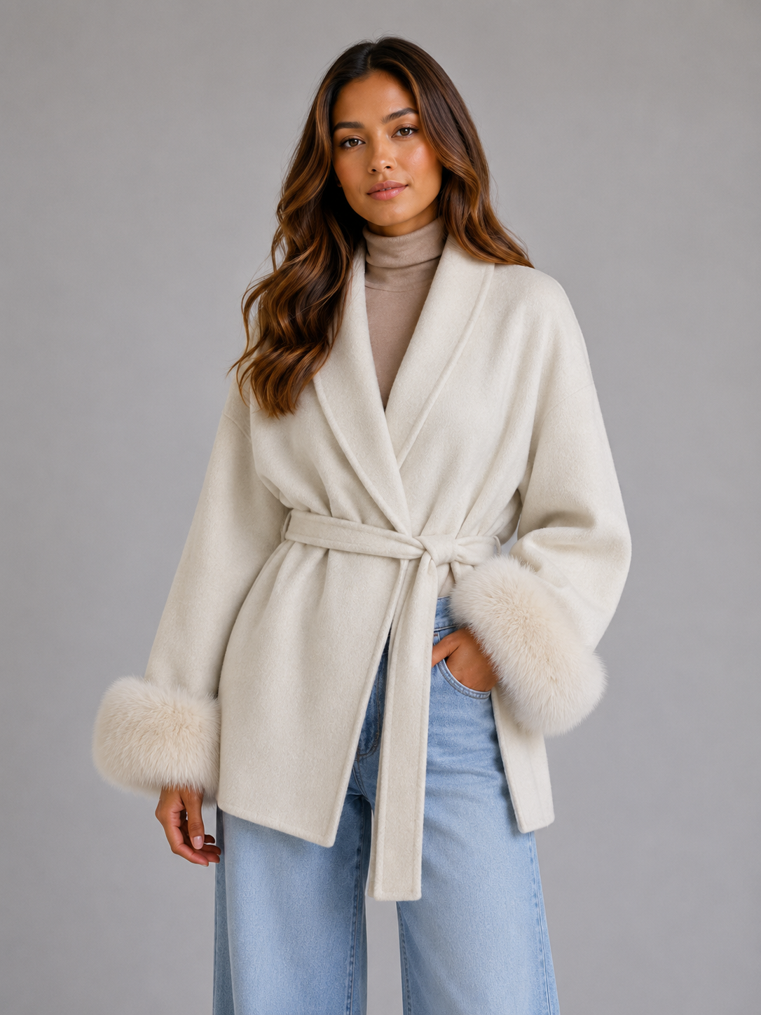 Women's Belted Wool Wrap Coat with Faux Fur Cuffs