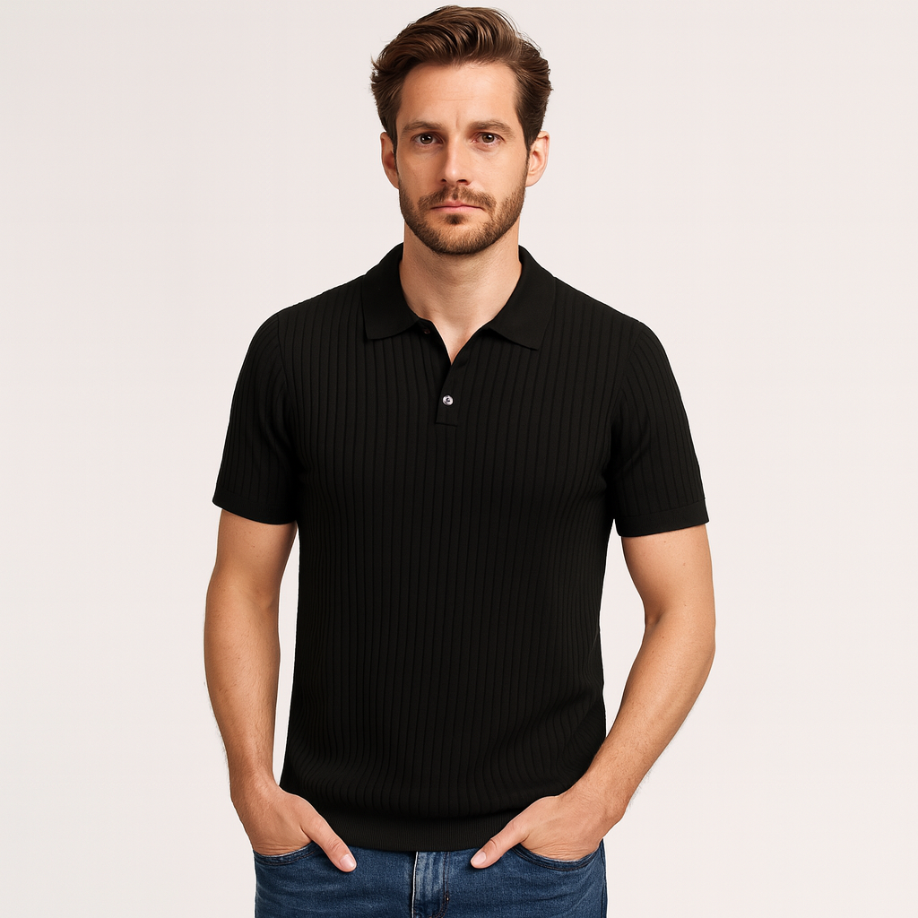 Ribbed Knit Polo Shirt Short Sleeve Slim Fit for Men