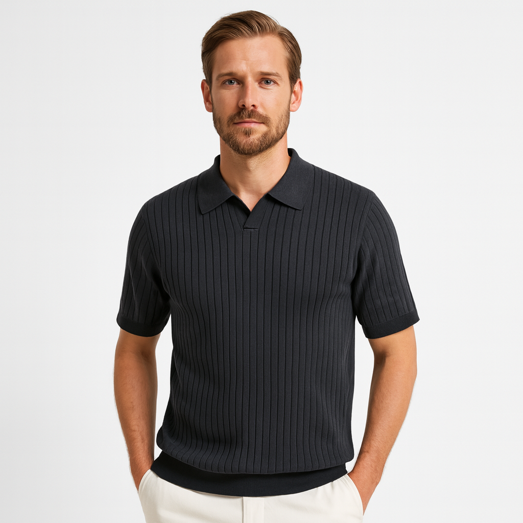 Ribbed Knit Polo Shirt Short Sleeve Slim Fit for Men