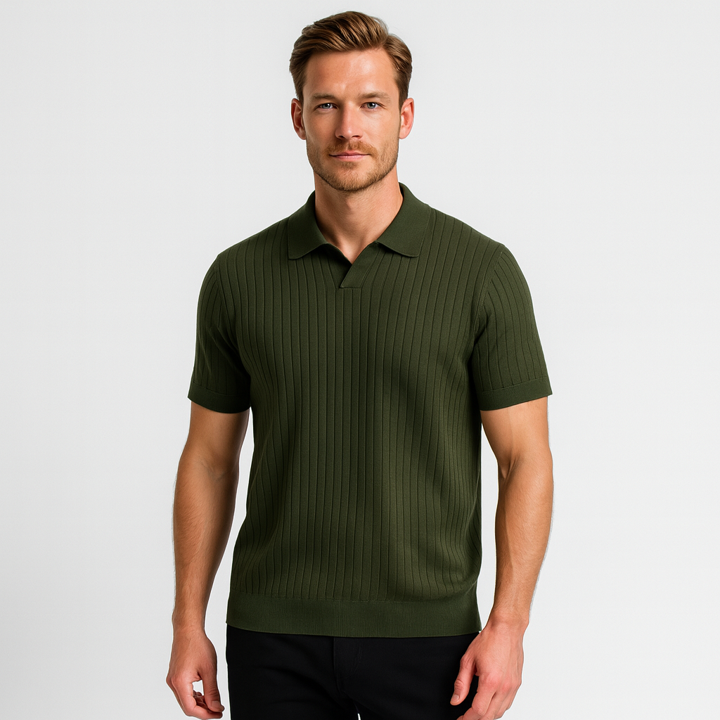 Ribbed Knit Polo Shirt Short Sleeve Slim Fit for Men