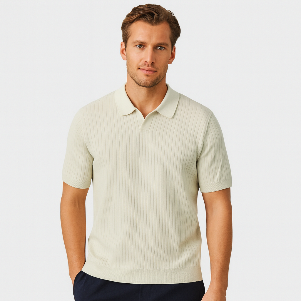 Ribbed Knit Polo Shirt Short Sleeve Slim Fit for Men