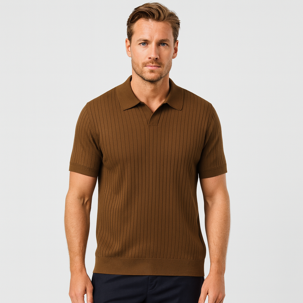 Ribbed Knit Polo Shirt Short Sleeve Slim Fit for Men