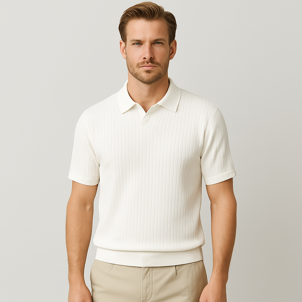 Ribbed Knit Polo Shirt Short Sleeve Slim Fit for Men