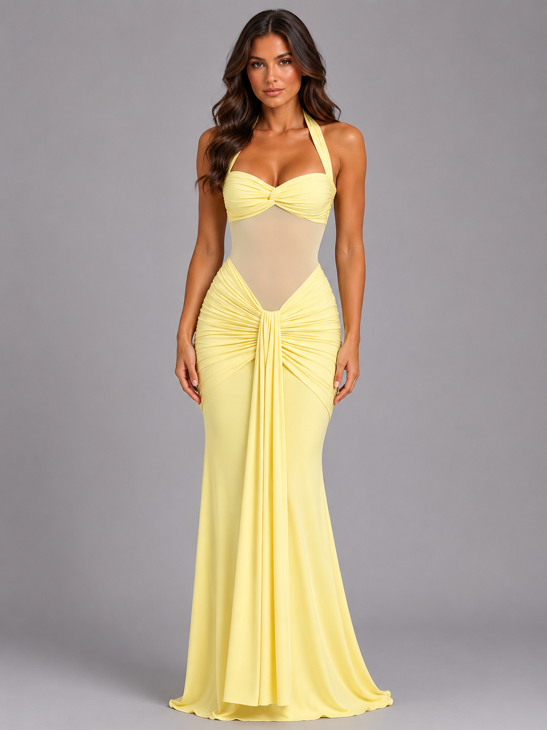 Women's Halter Mesh Maxi Dress with Ruched Detail