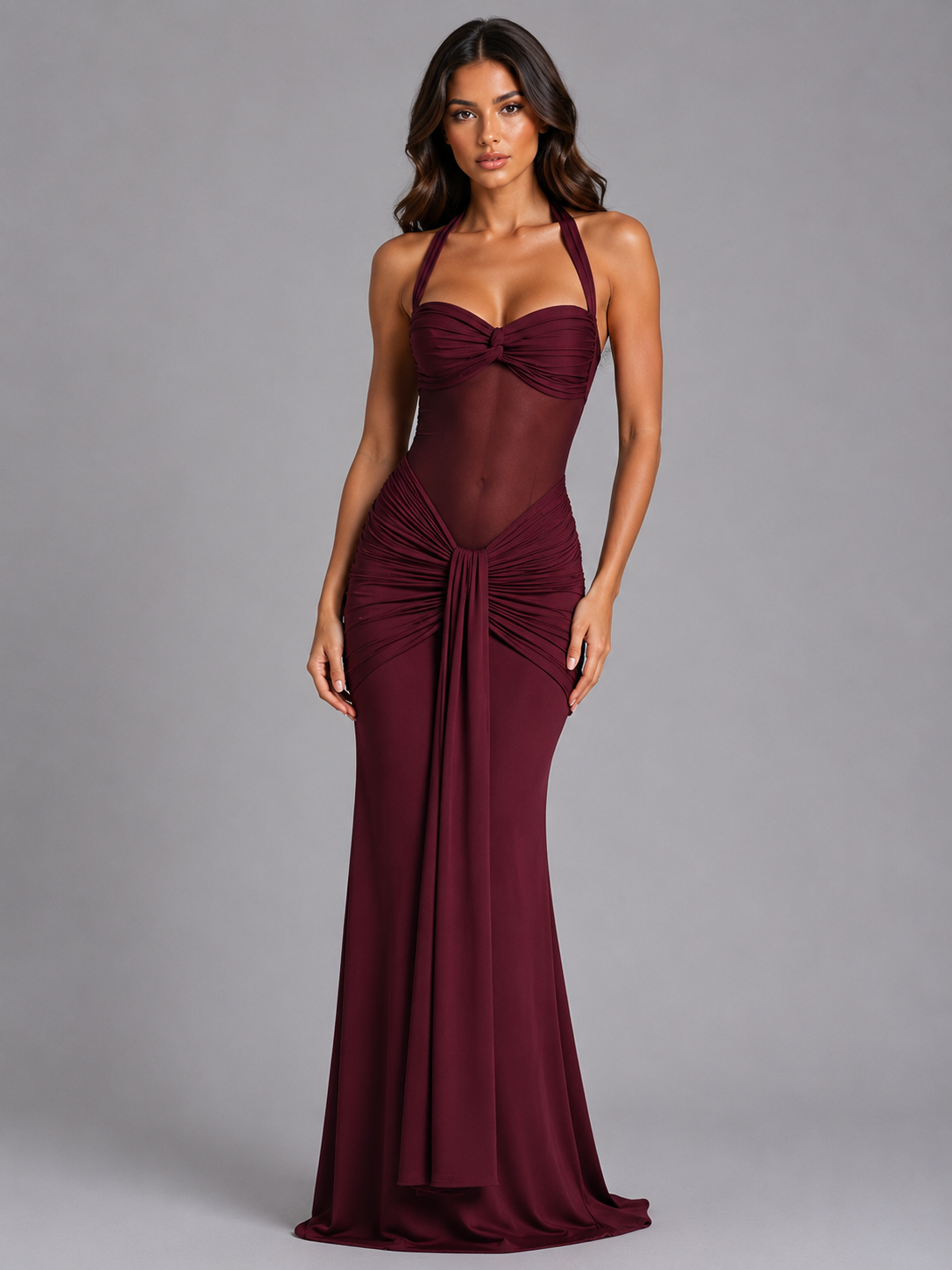 Women's Halter Mesh Maxi Dress with Ruched Detail