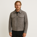 Faux Suede Bomber Jacket Double Zip Regular Fit for Men
