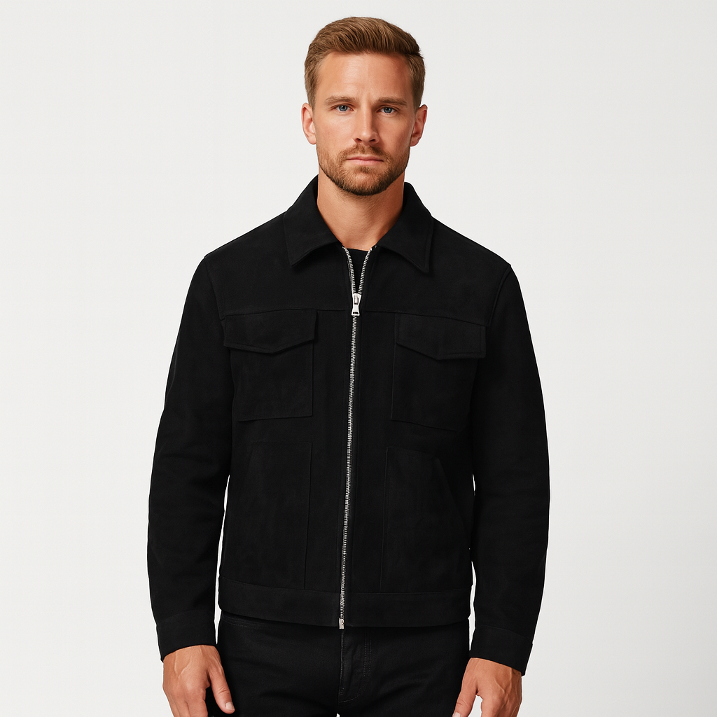 Faux Suede Bomber Jacket Double Zip Regular Fit for Men