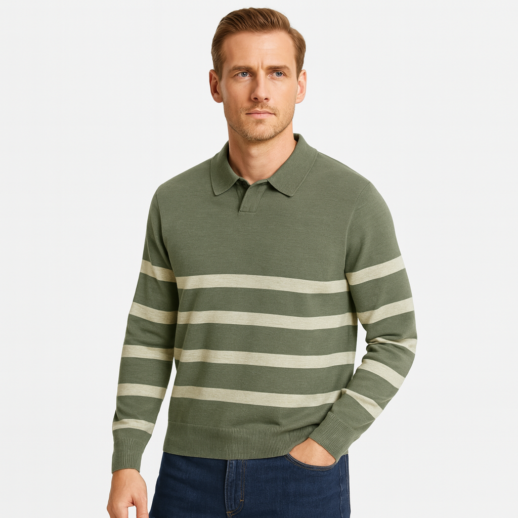 Striped Knit Polo Shirt Slim Fit Ribbed for Men