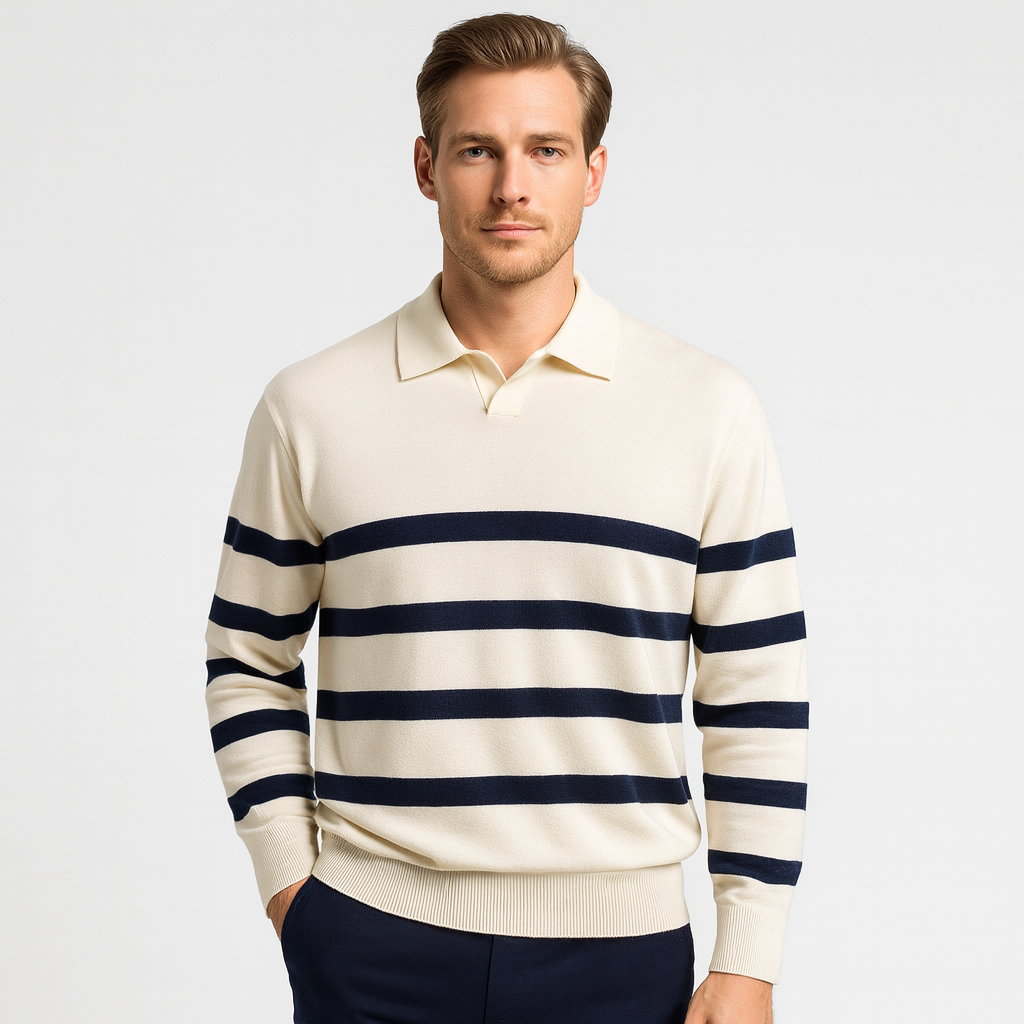 Striped Knit Polo Shirt Slim Fit Ribbed for Men