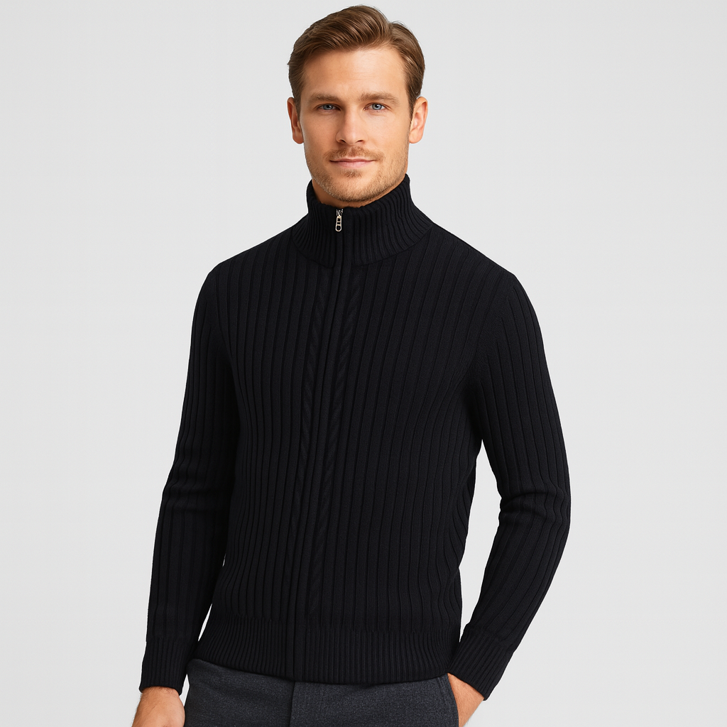 Ribbed Wool Zip-Up Cardigan High Collar for Men