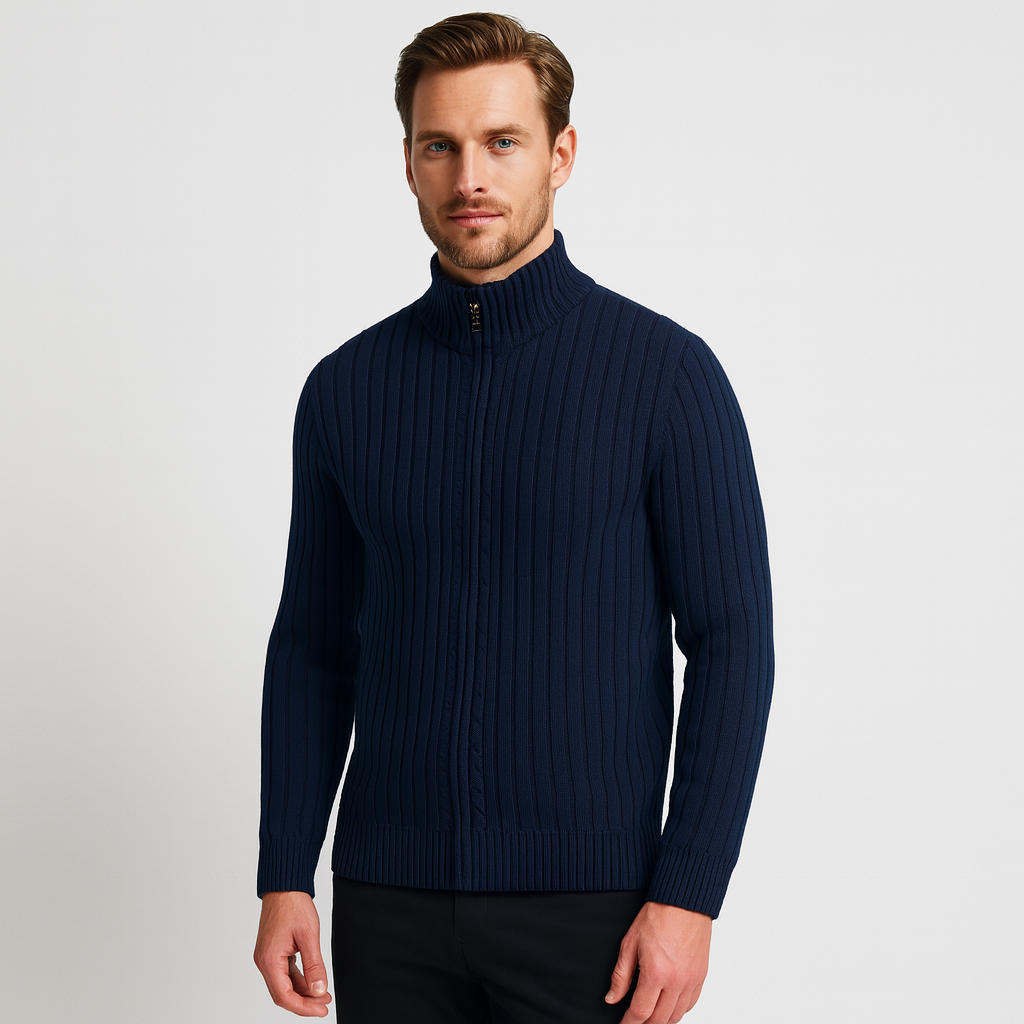 Ribbed Wool Zip-Up Cardigan High Collar for Men