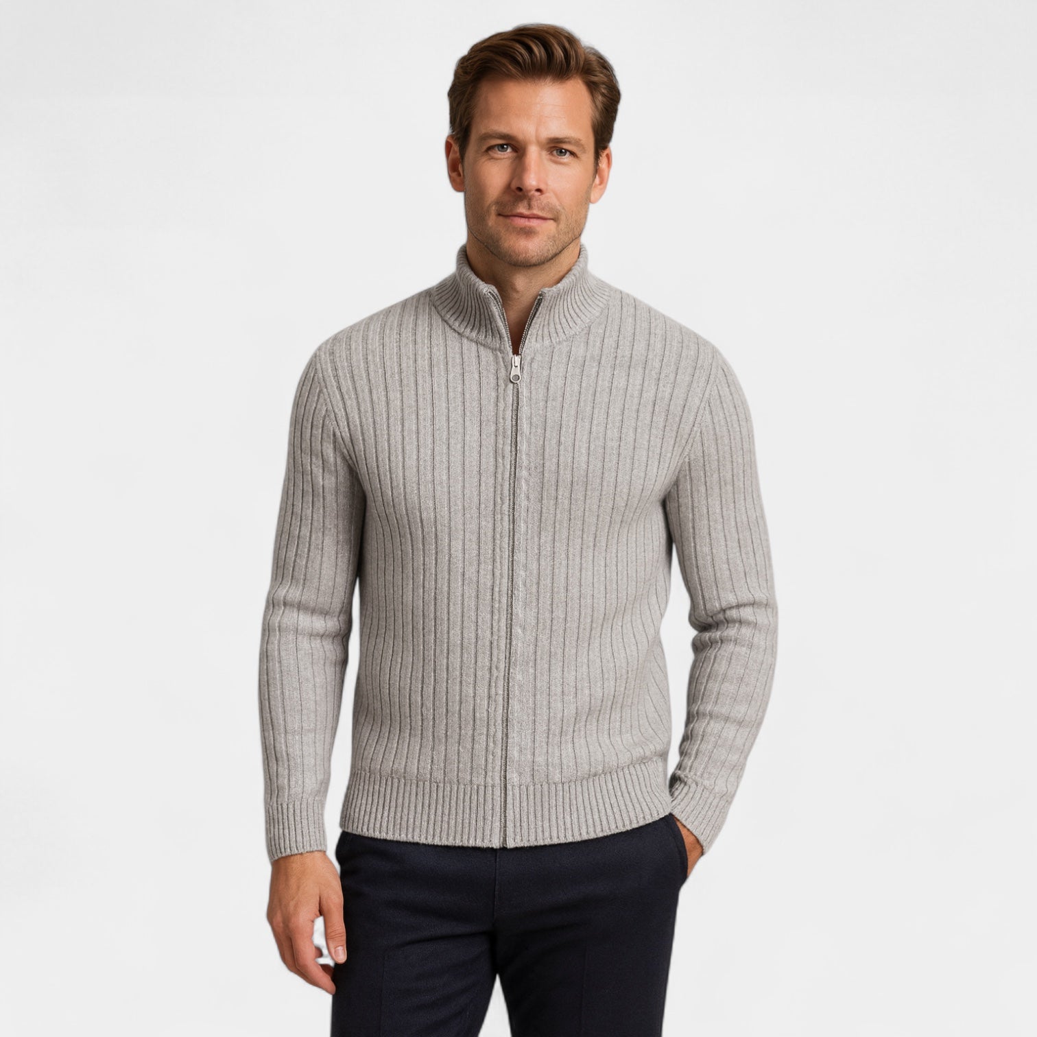 Ribbed Wool Zip-Up Cardigan High Collar for Men