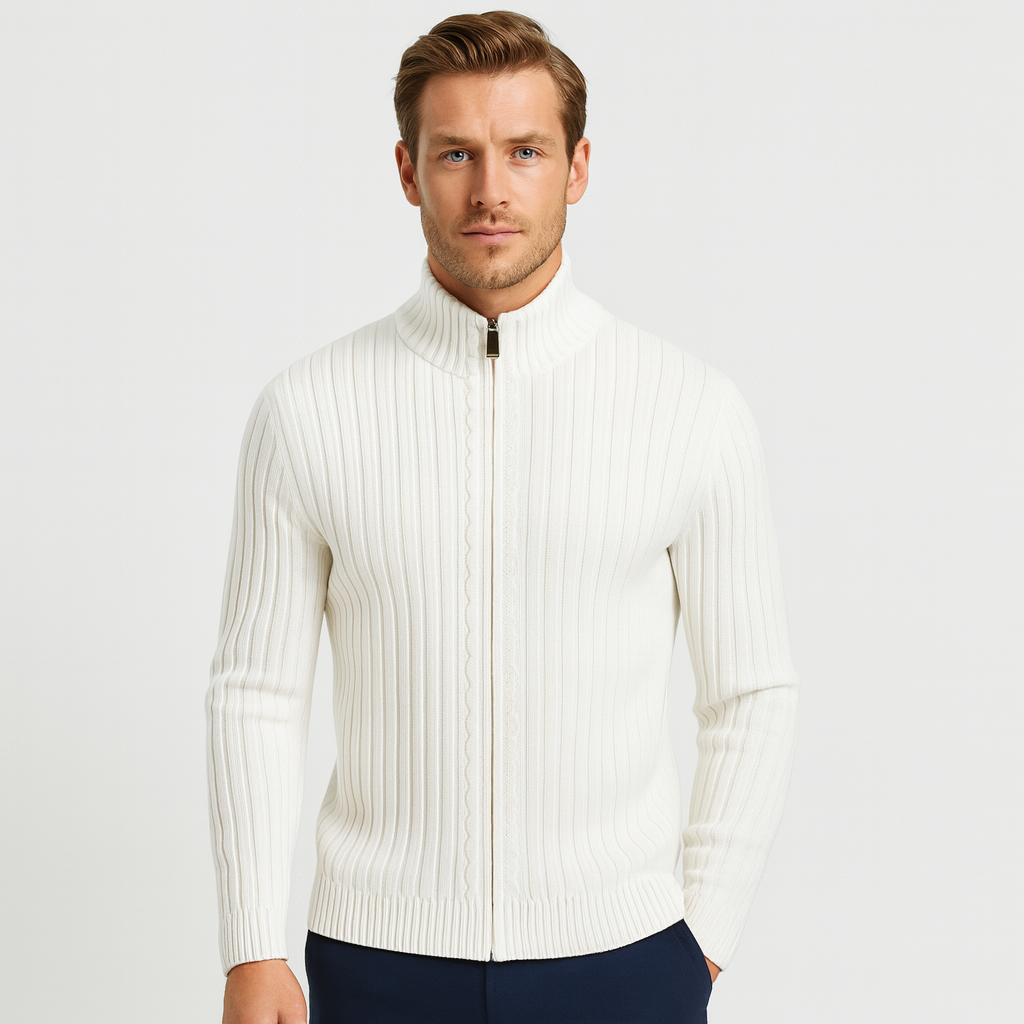 Ribbed Wool Zip-Up Cardigan High Collar for Men