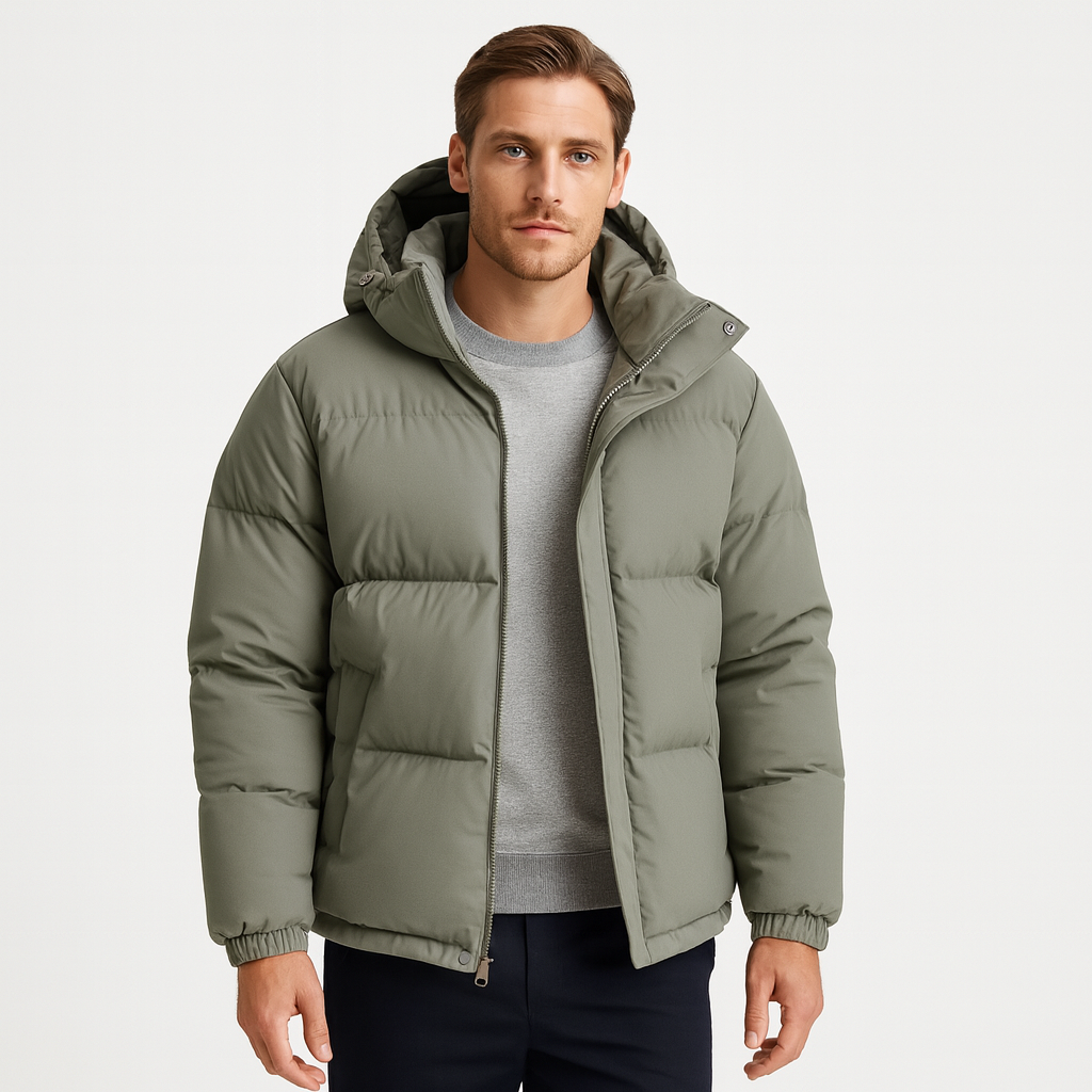 Hooded Puffer Jacket Zip-Up Snap Closure for Men