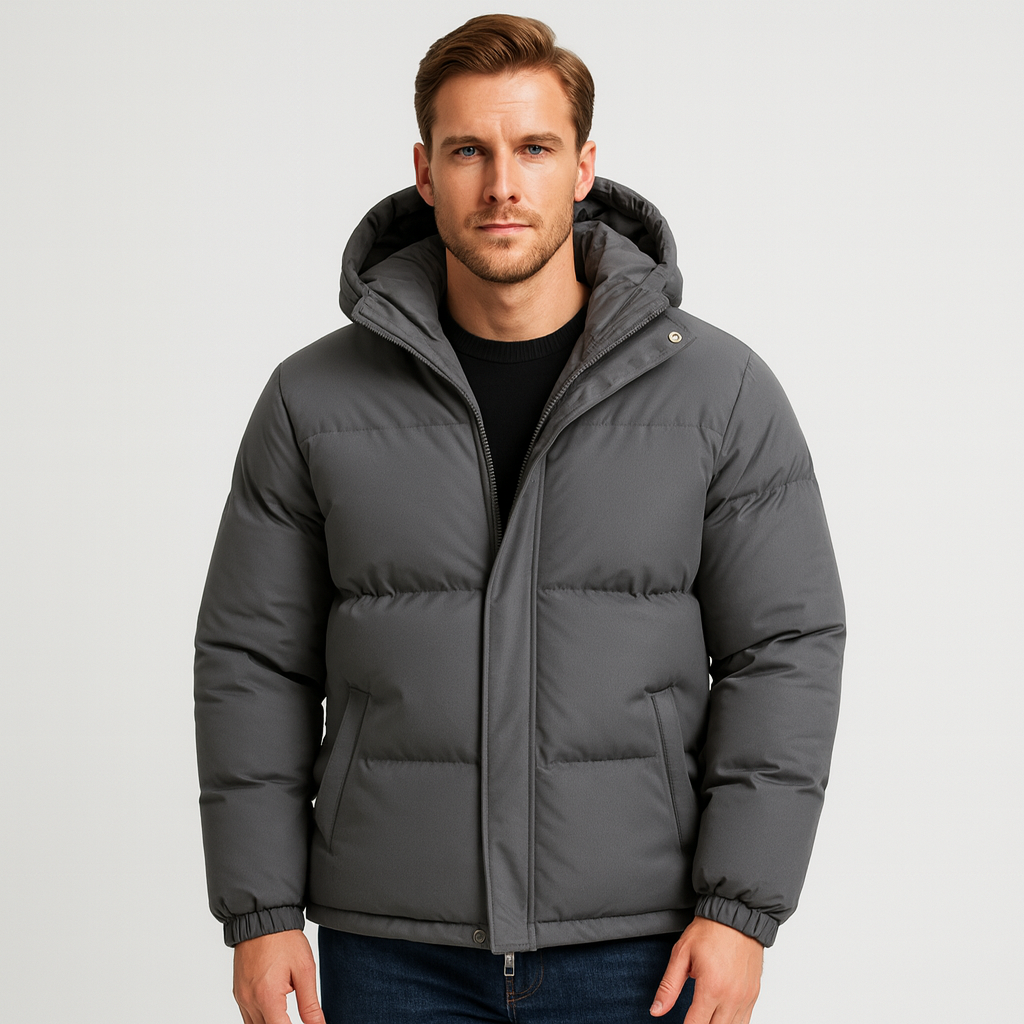 Hooded Puffer Jacket Zip-Up Snap Closure for Men