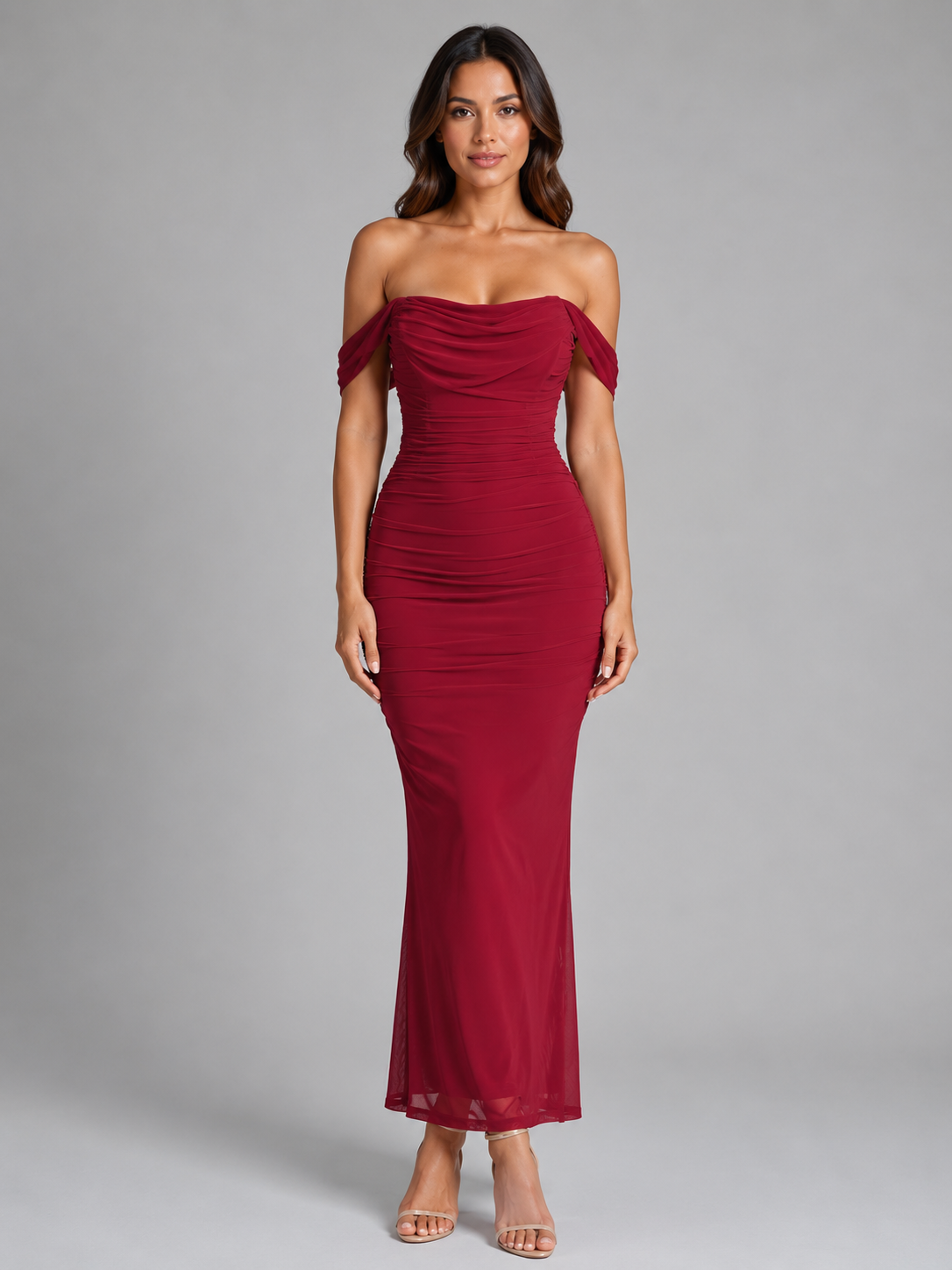 Women's Off-Shoulder Ruched Mermaid Maxi Dress