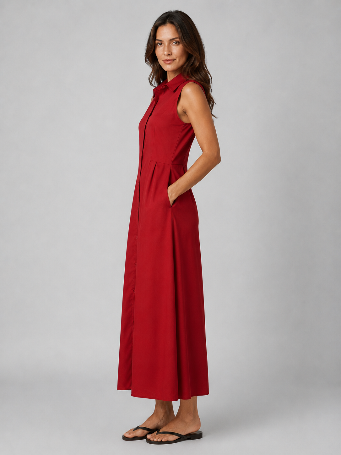 Women's Button-Front Maxi Shirt Dress with Pockets