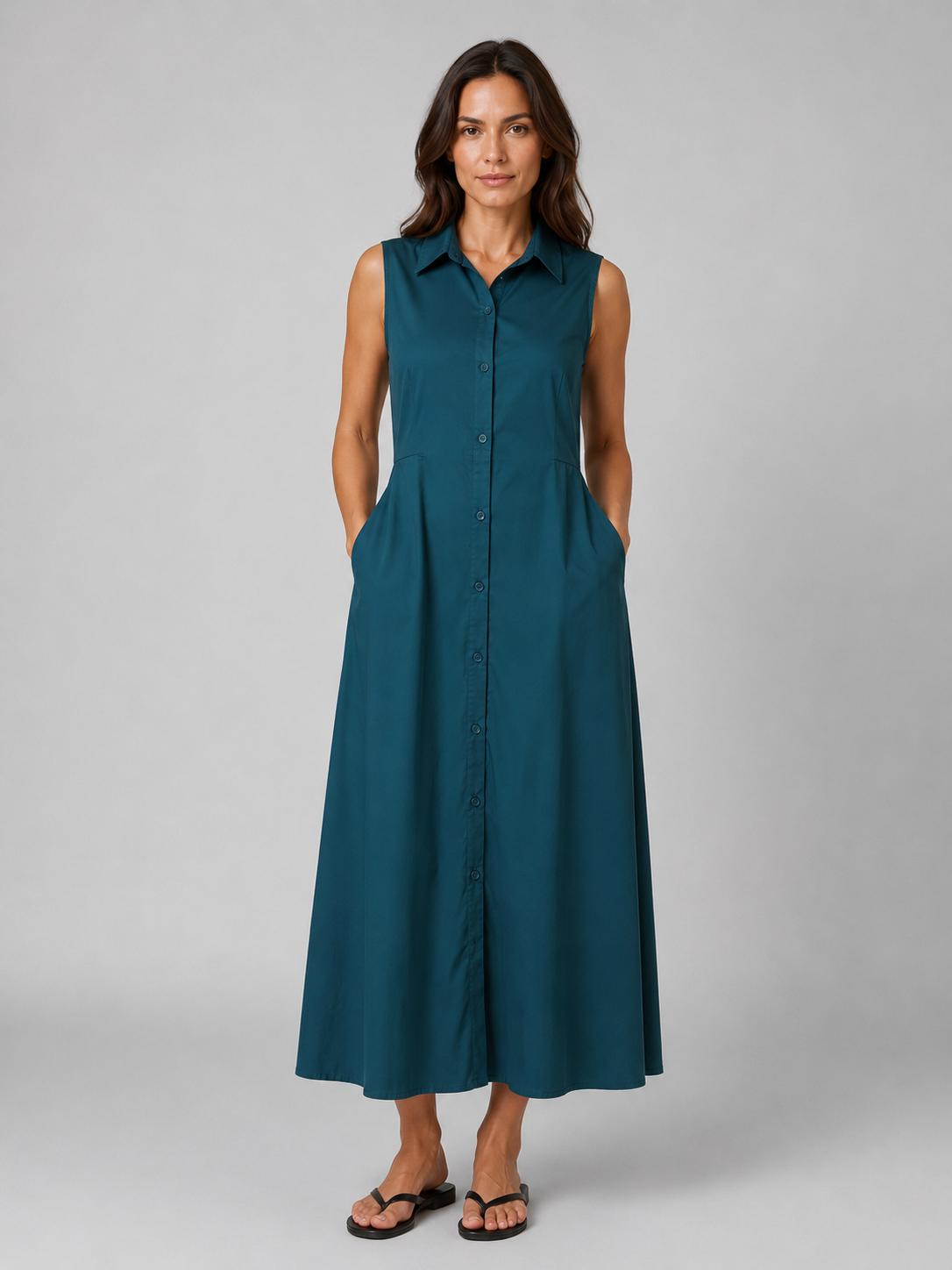 Women's Button-Front Maxi Shirt Dress with Pockets