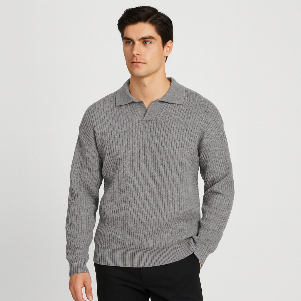 Textured Knit Polo Sweater Relaxed Fit for Men