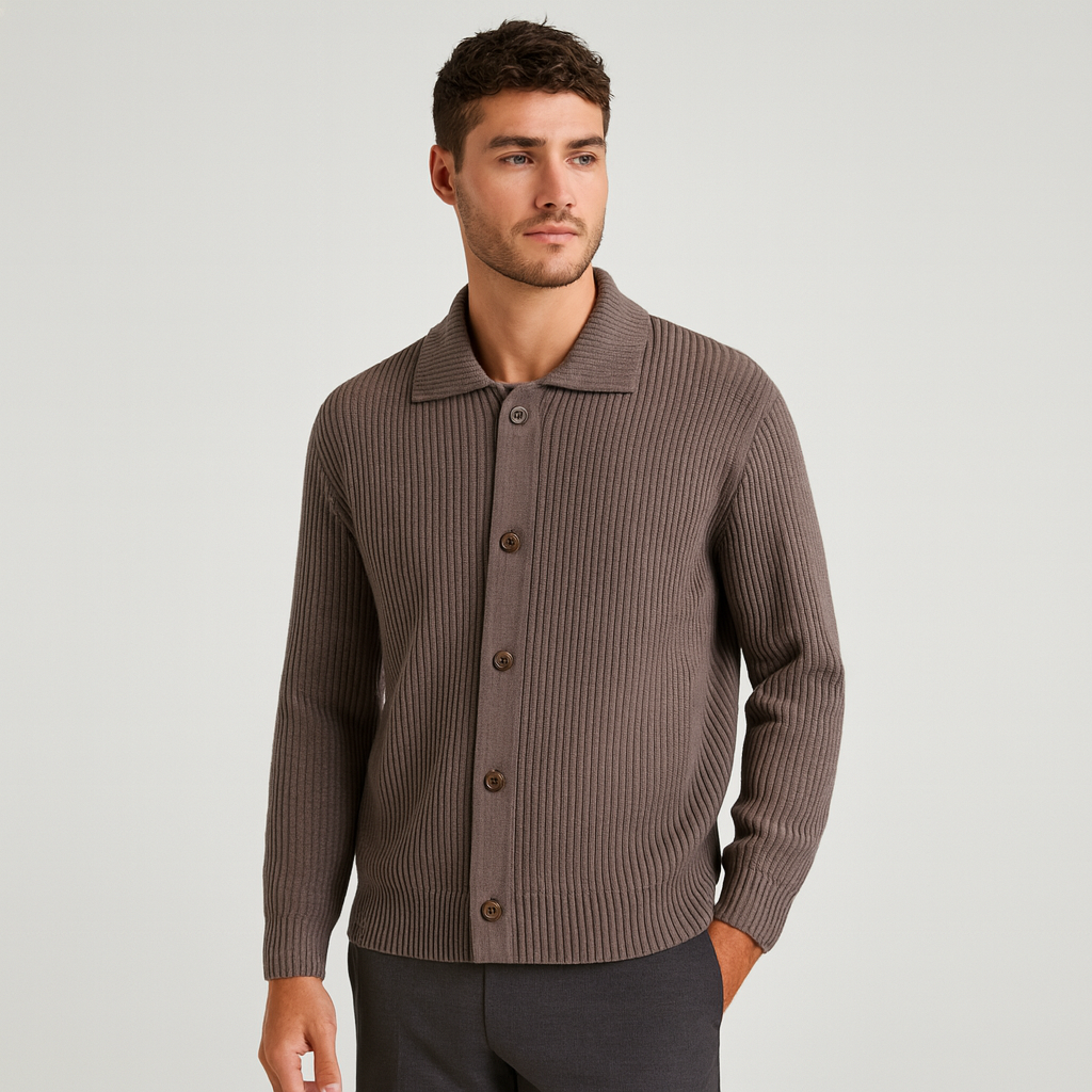 Ribbed Knit Button-Up Cardigan Regular Fit for Men