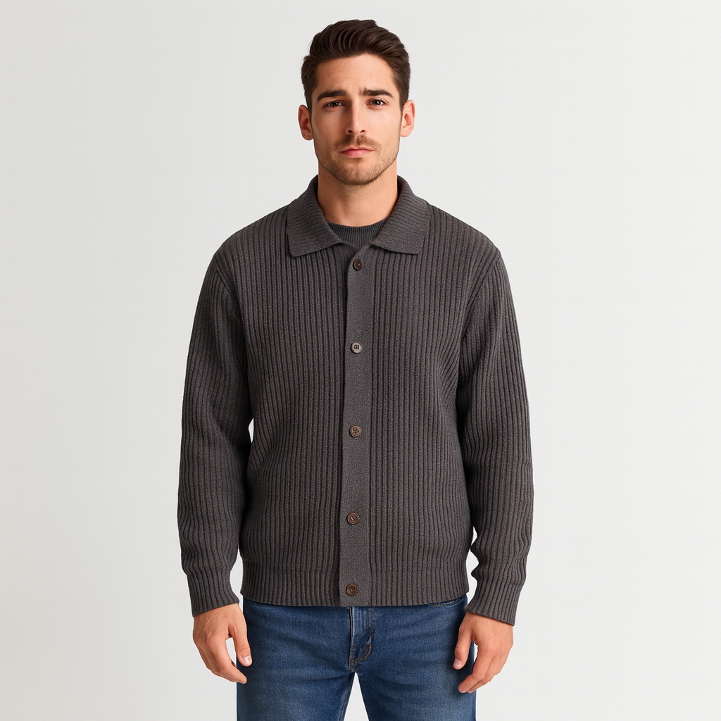 Ribbed Knit Button-Up Cardigan Regular Fit for Men