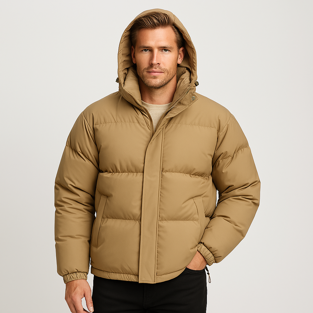 Hooded Puffer Jacket Zip-Up Snap Closure for Men