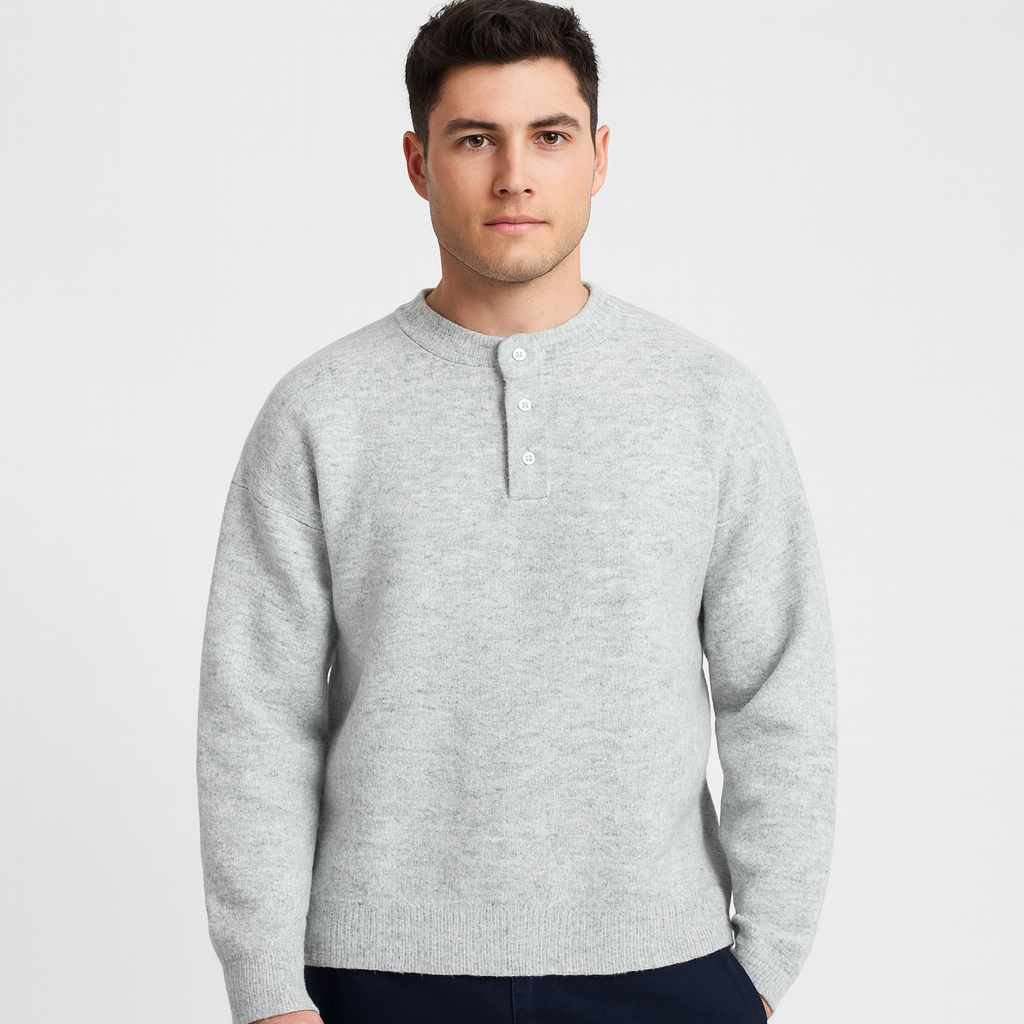 Henley Knit Wool Sweater Three-Button Placket for Men