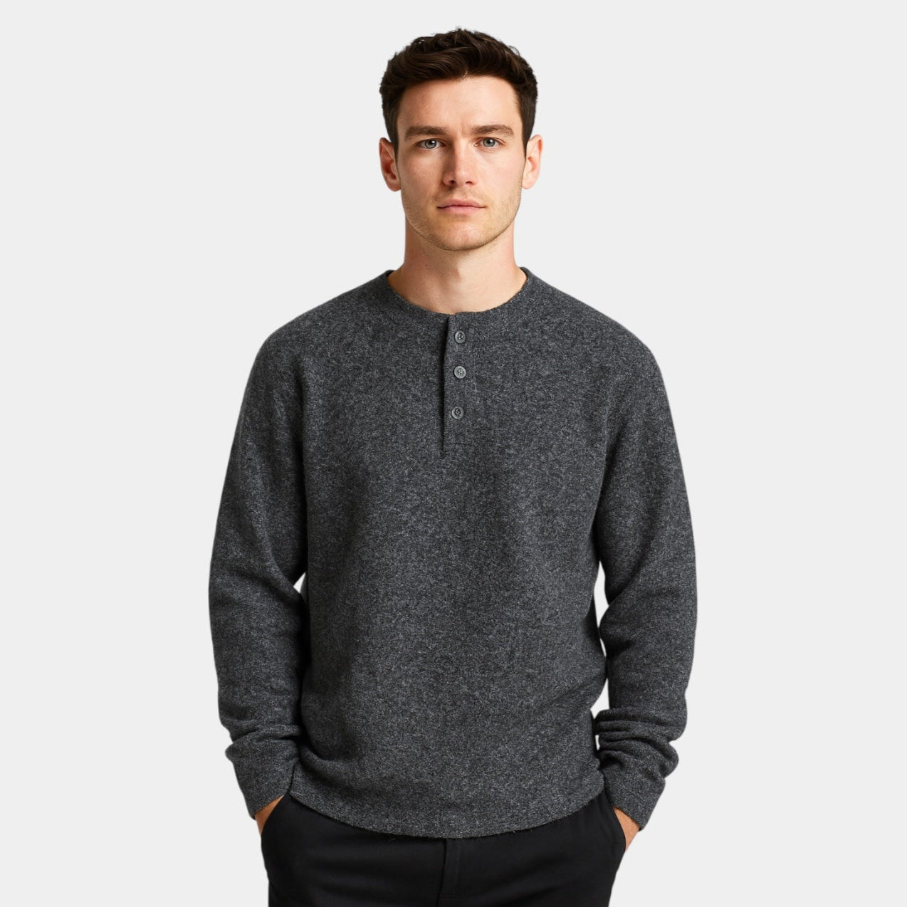 Henley Knit Wool Sweater Three-Button Placket for Men