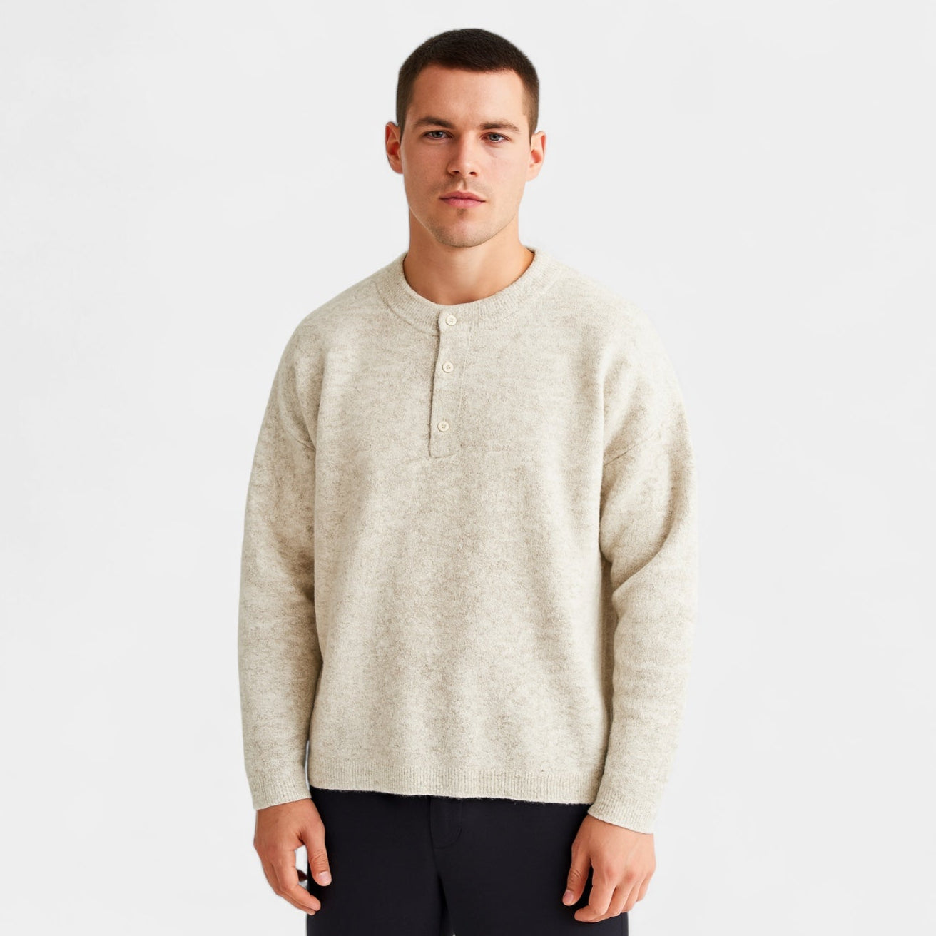 Henley Knit Wool Sweater Three-Button Placket for Men