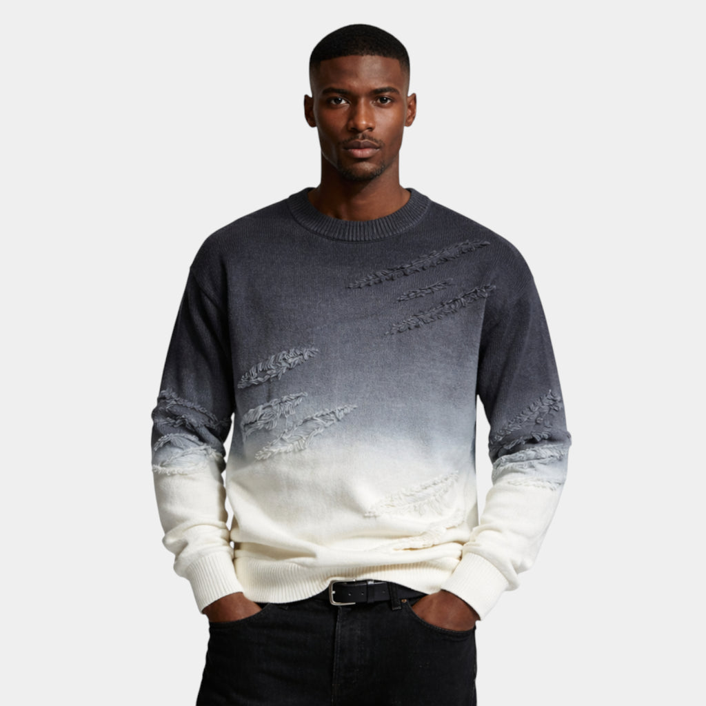 Distressed Ombre Crewneck Knit Sweater Regular Fit for Men