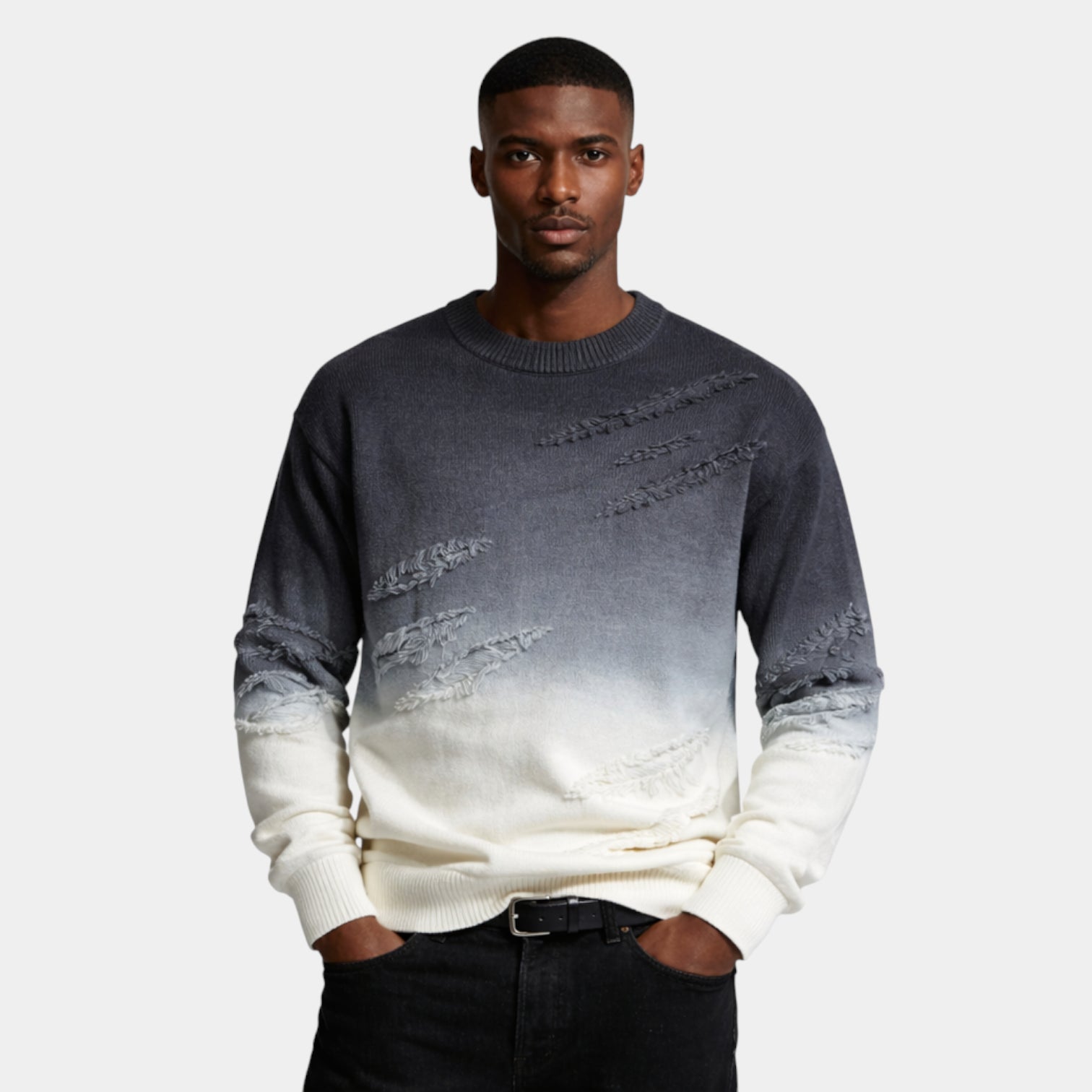 Distressed Ombre Crewneck Knit Sweater Regular Fit for Men