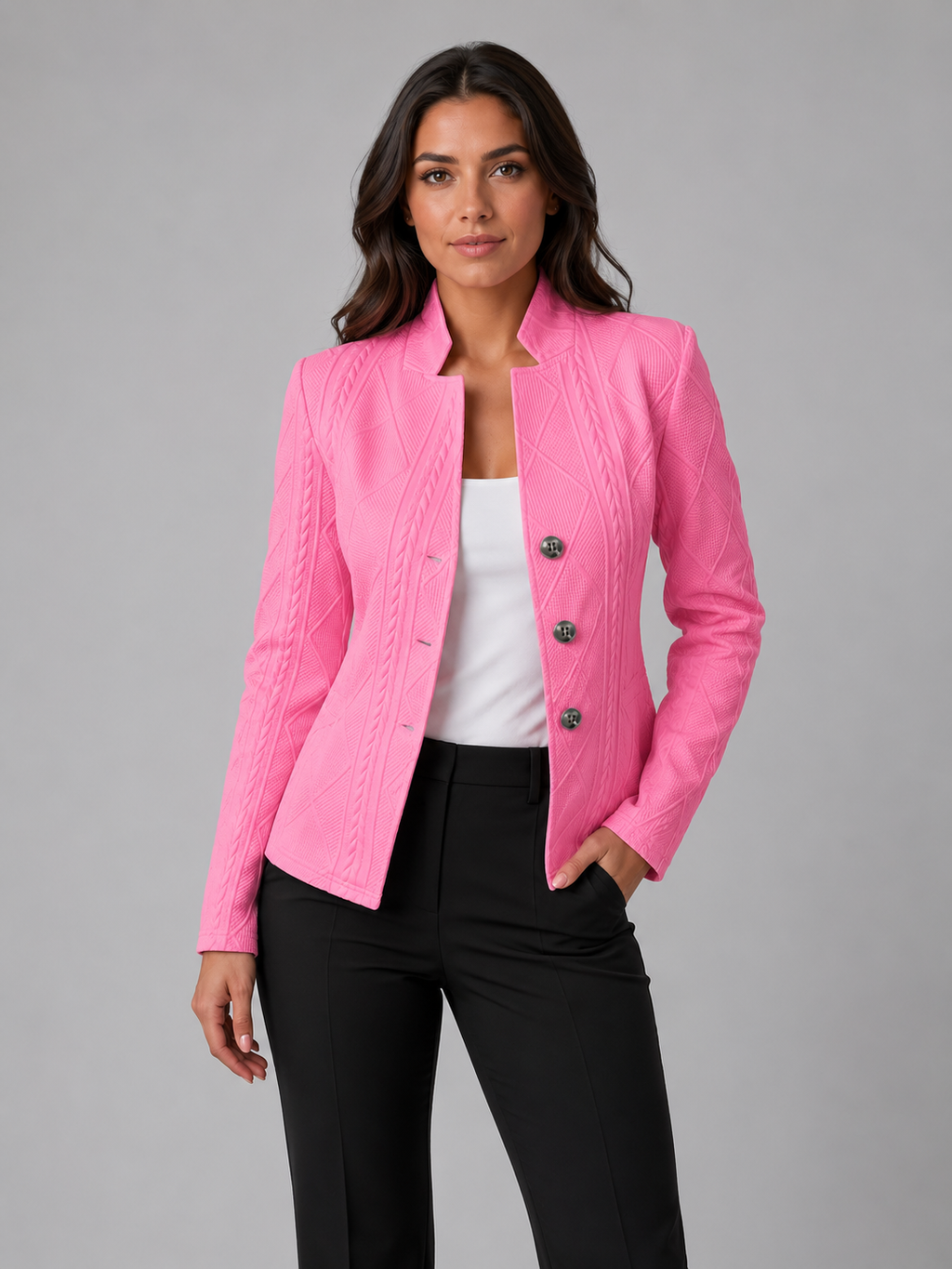 Women's Textured Tailored Blazer with Collarless Neckline