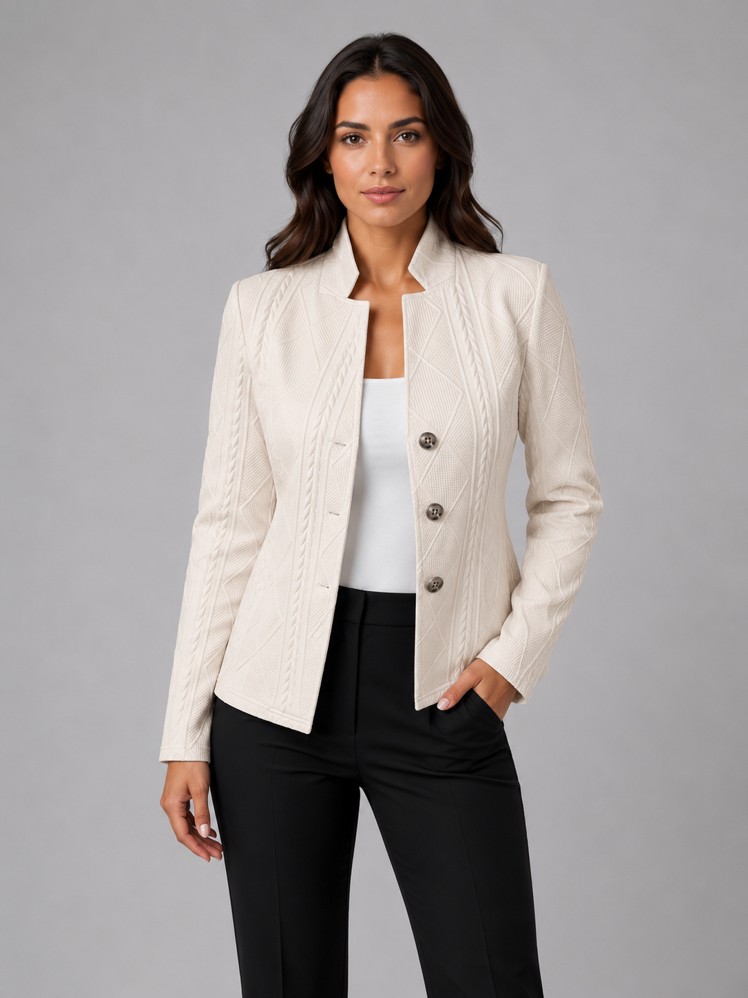 Women's Textured Tailored Blazer with Collarless Neckline