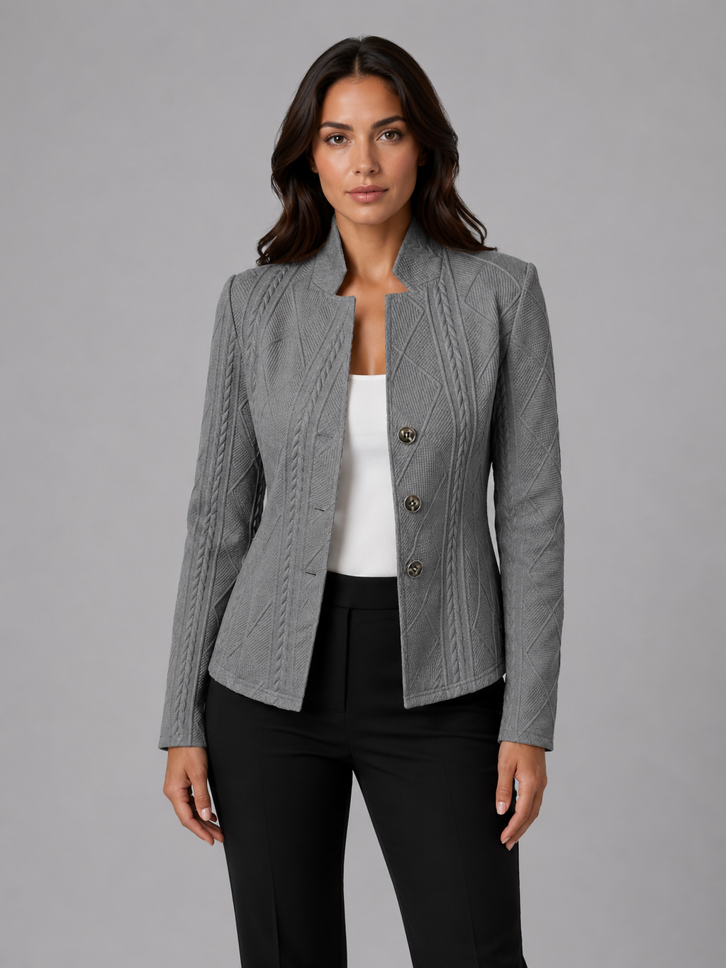 Women's Textured Tailored Blazer with Collarless Neckline