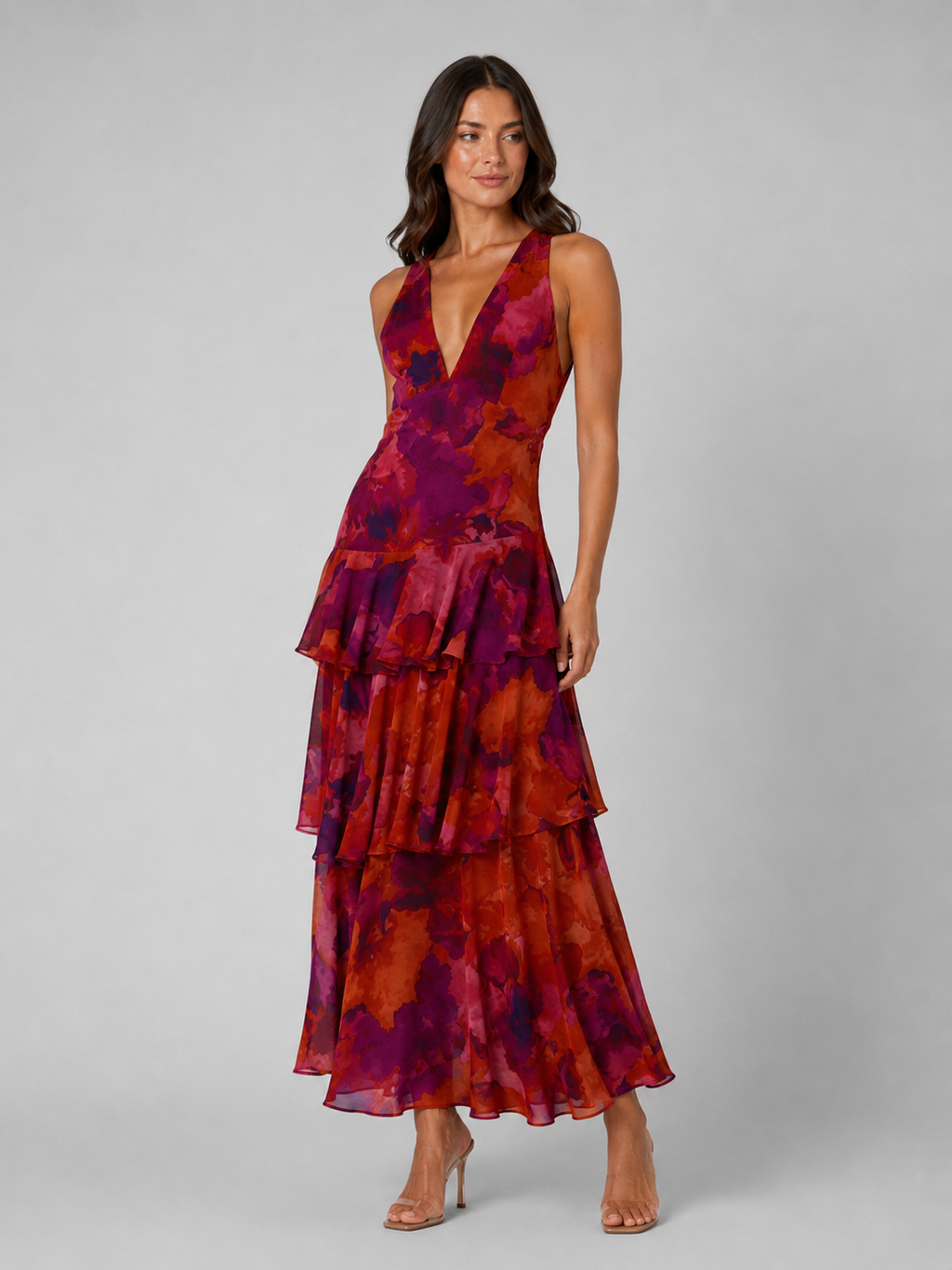 Women's Tiered Ruffle V-Neck Maxi Dress