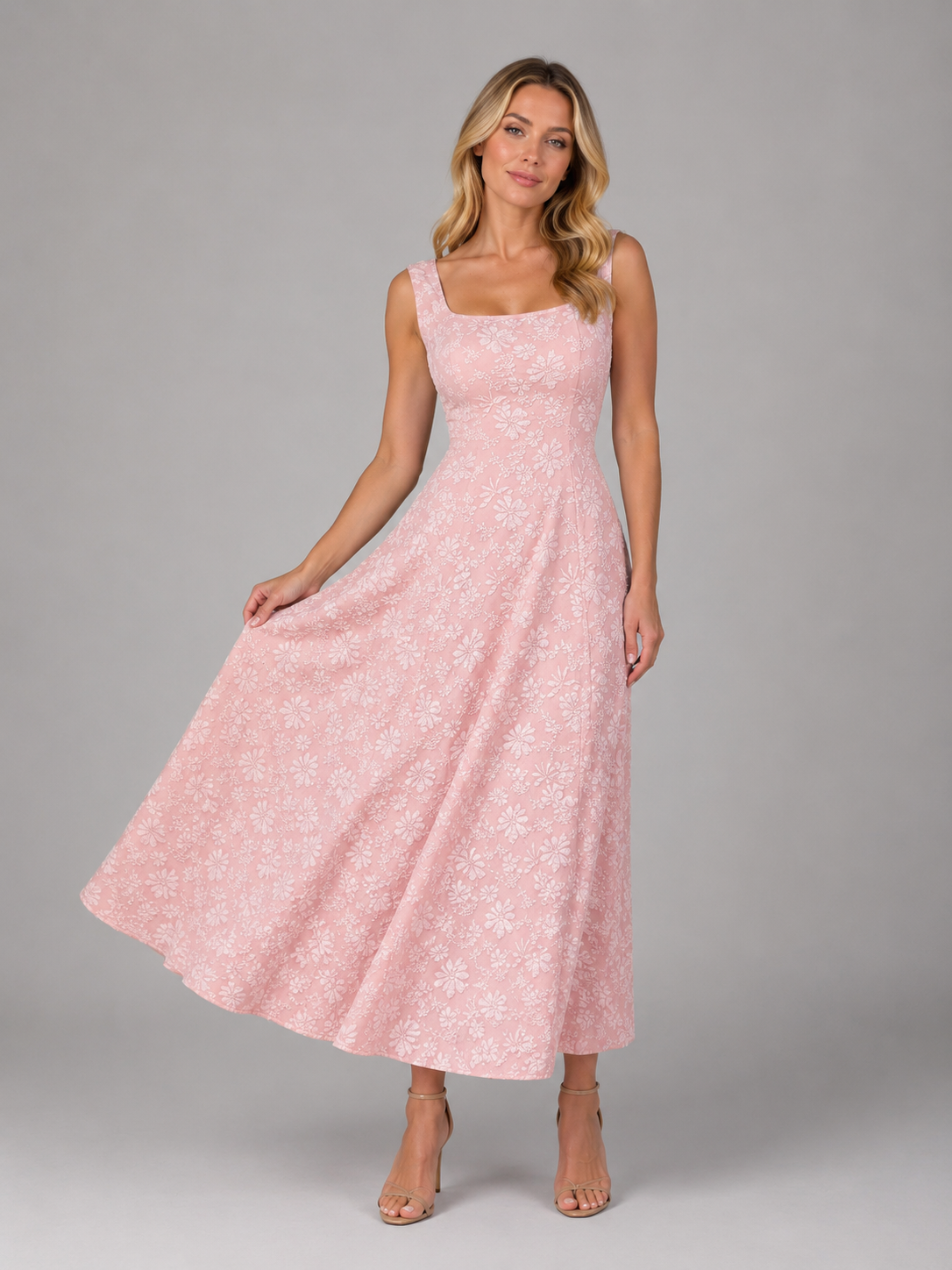 Women's Floral Jacquard Midi Dress for Wedding Guests