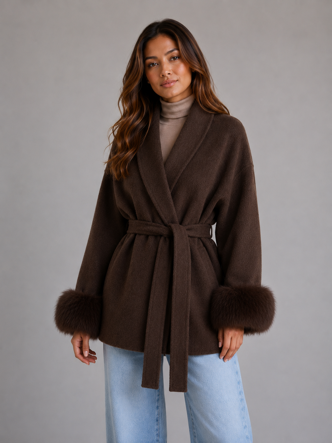 Women's Belted Wool Wrap Coat with Faux Fur Cuffs