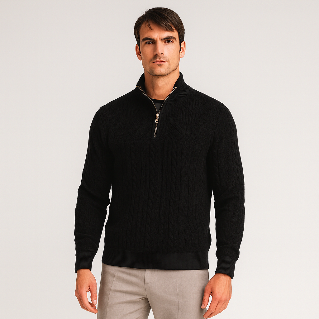 Cable Knit Merino Half-Zip Sweater High Collar for Men